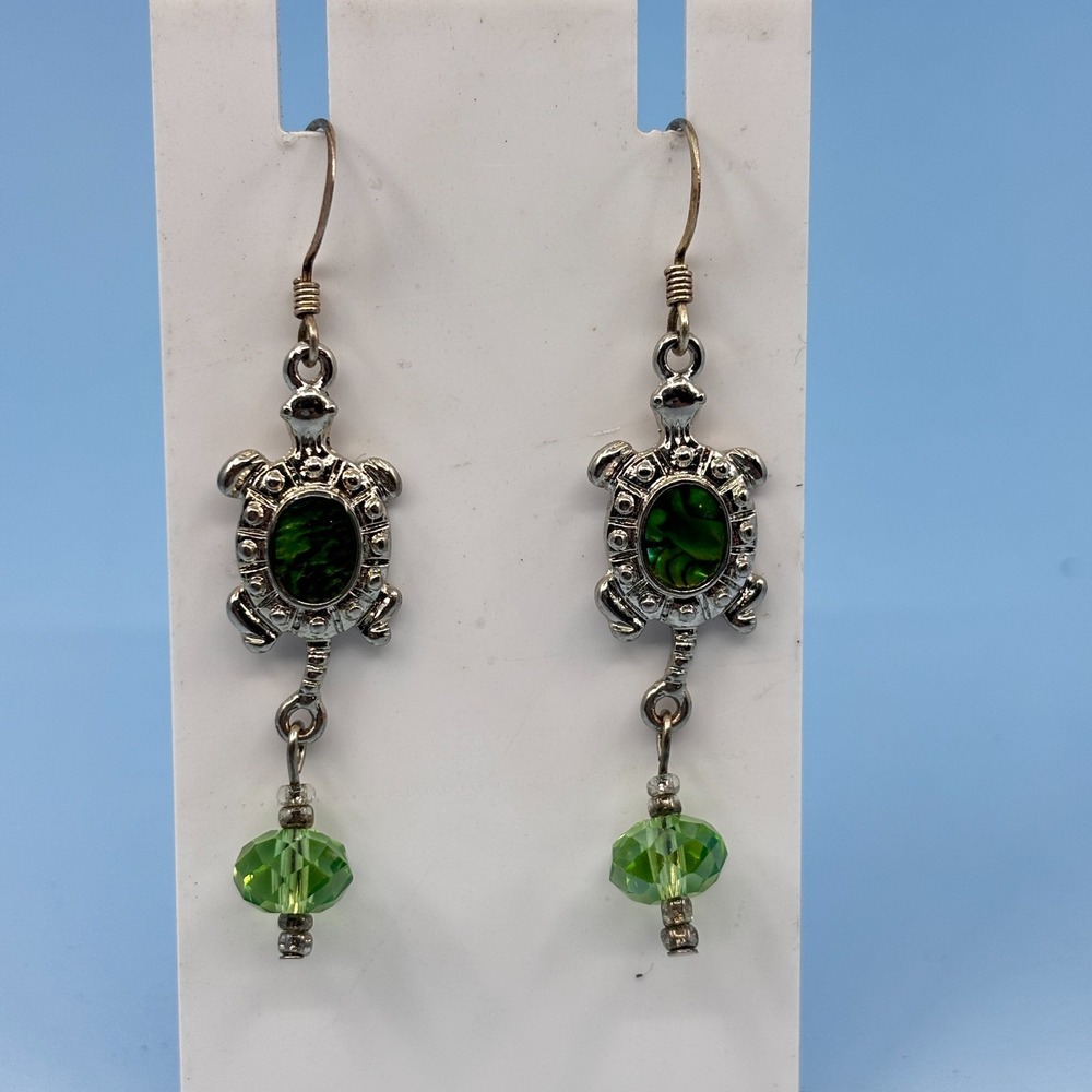 Green Abalone Shell Turtle Dangle Earrings Silver Tone Bead Boho Ocean Statement
